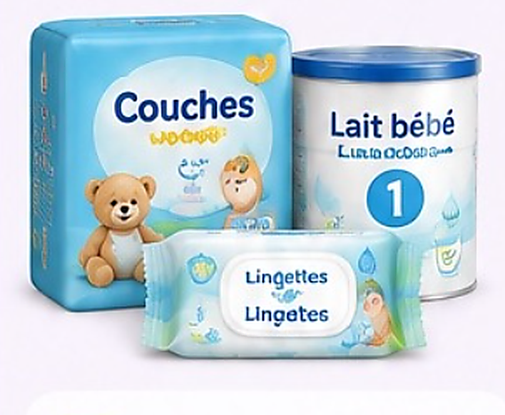 Couches bébé, lait infantile et lingettes